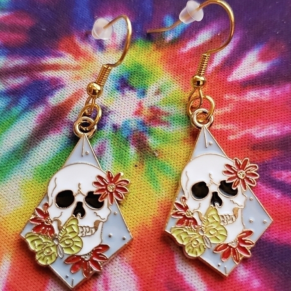 Hand Crafted Jewelry - Handmade diamond skull butterfly flower earrings
